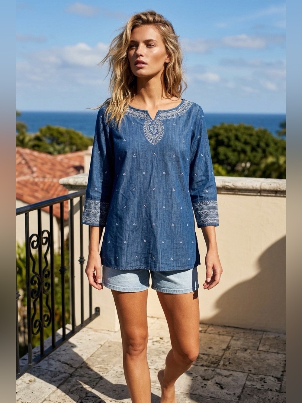 NIC+ZOE Embroidered Chambray Tunic Top in Blue w/ White Embroidered Details XS